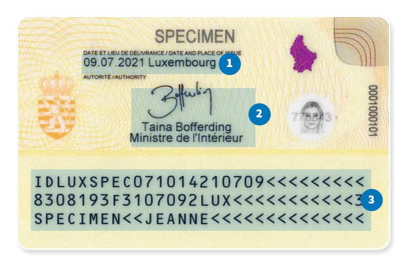 Dos d’une carte d’identité luxembourgeoise émise après le 2 août 2021