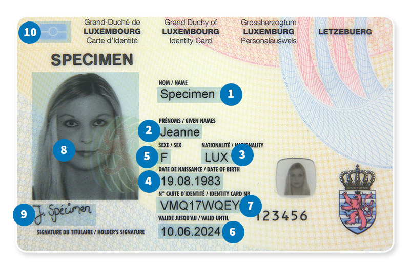 Face avant d’une carte d’identité luxembourgeoise émise avant le 2 août 2021