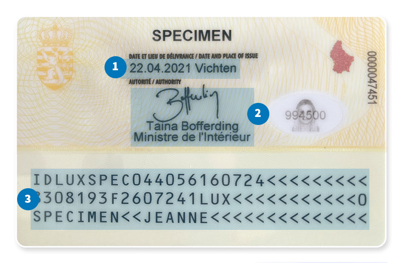 Dos d’une carte d’identité luxembourgeoise émise avant le 2 août 2021